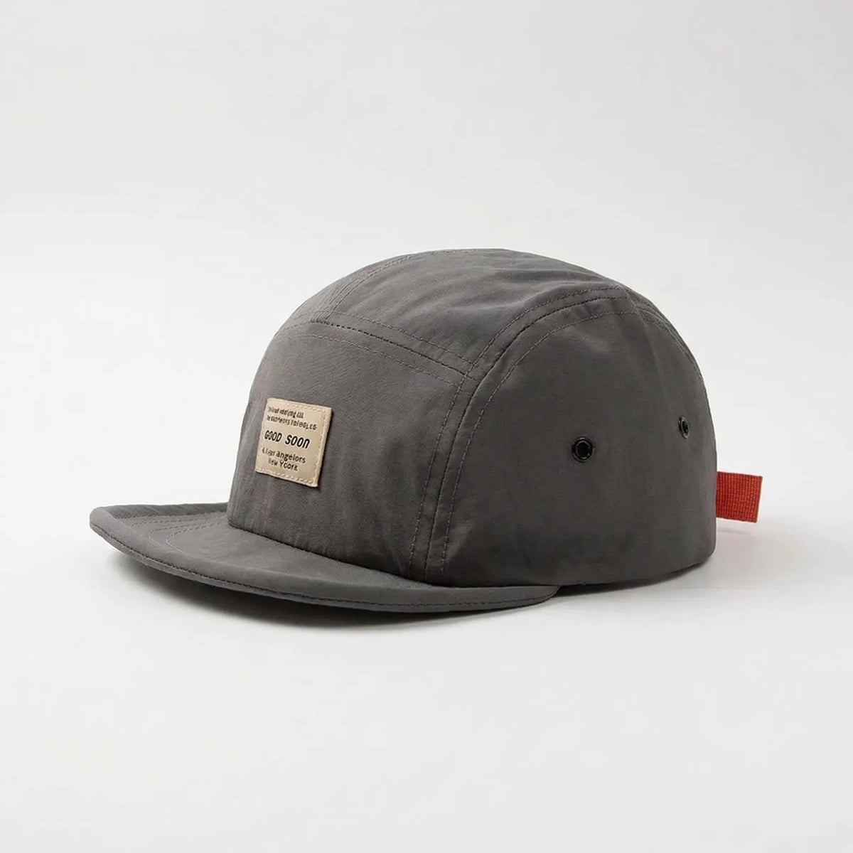 Five-panel short flat brim cap with foldable design and adjustable strap