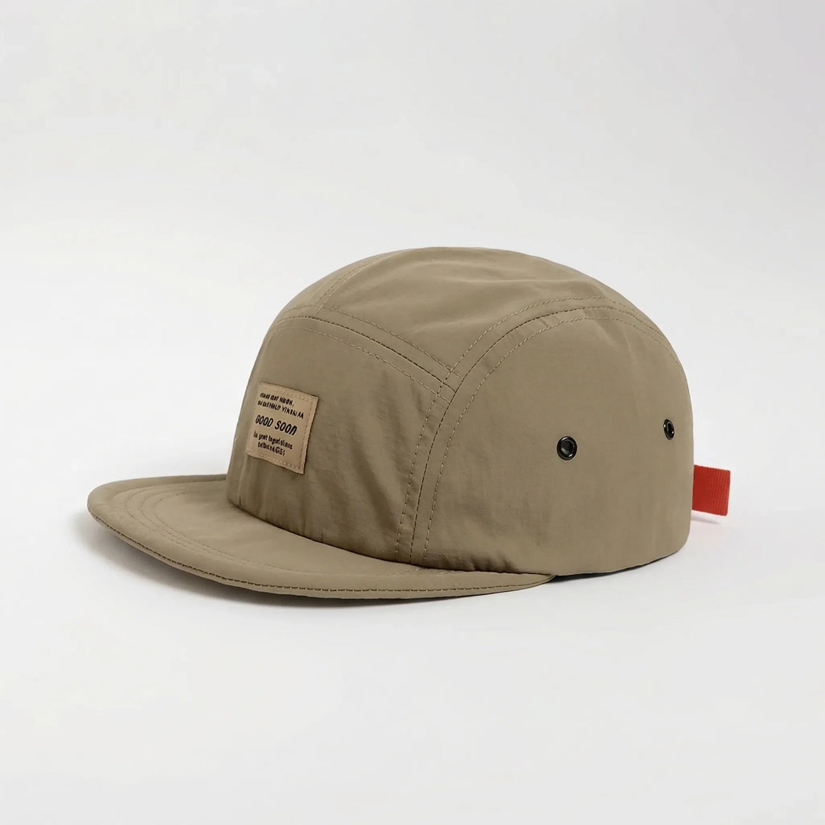 Five-panel short flat brim cap with foldable design and adjustable strap