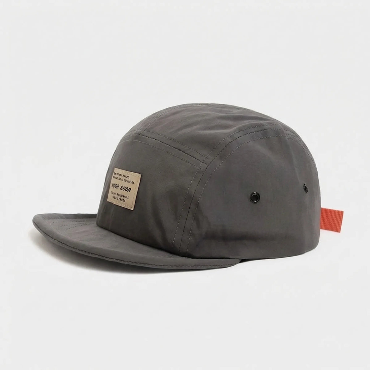 Five-panel short flat brim cap with foldable design and adjustable strap