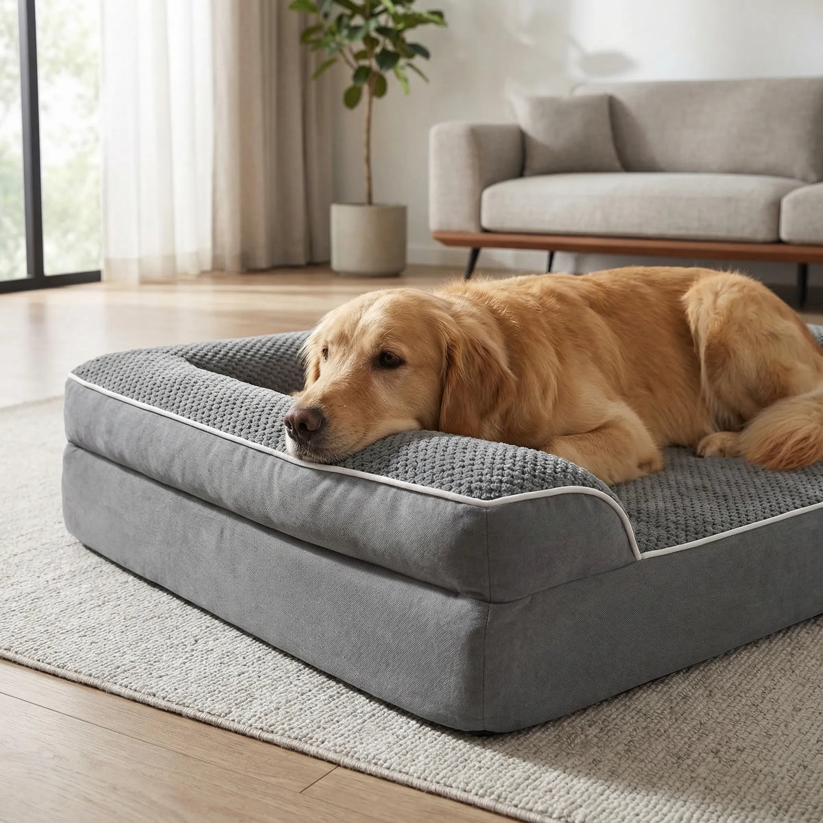 Orthopaedic sofa-style dog bed with supportive foam and washable cover