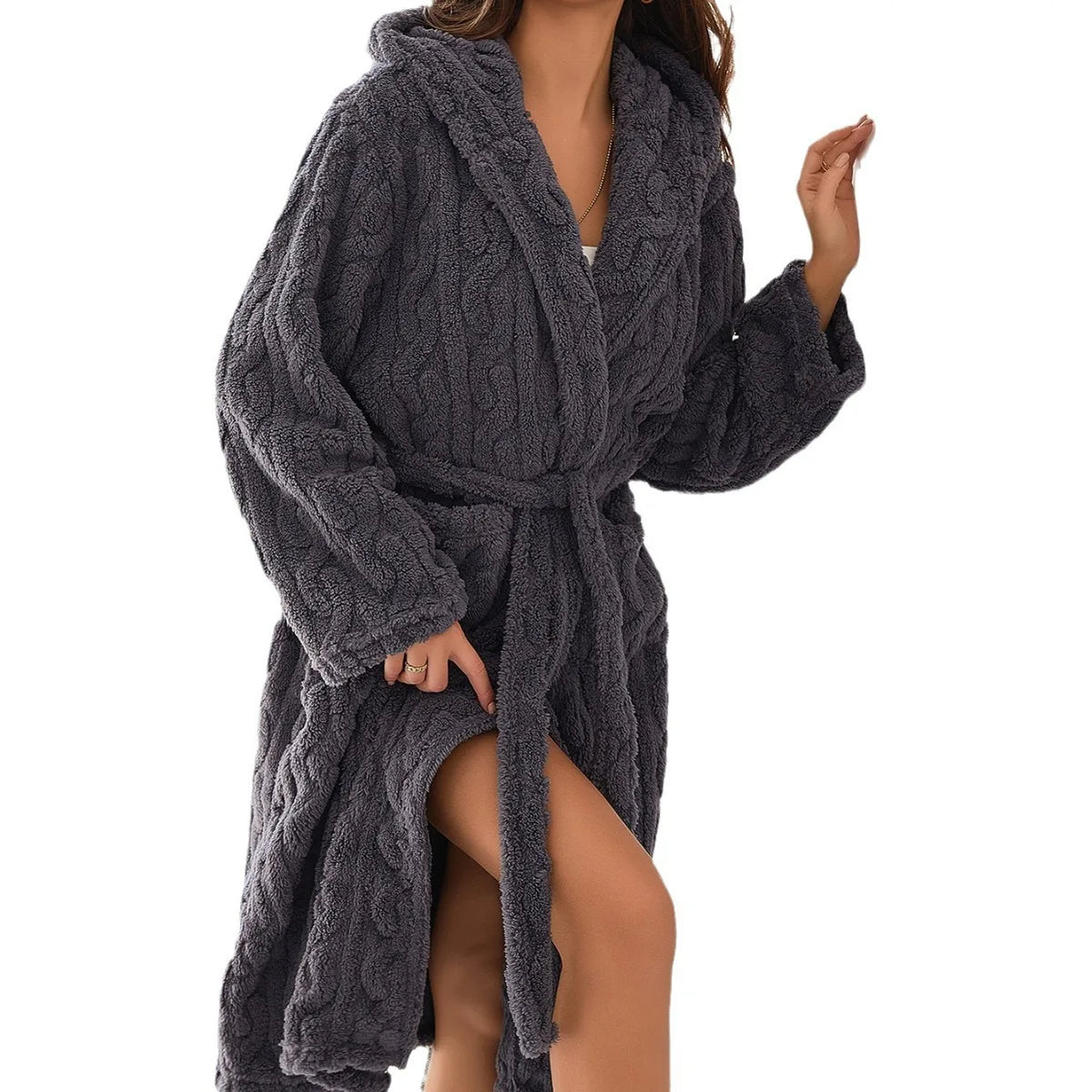 Long hooded lounge robe with warm flannel thick insulating layer