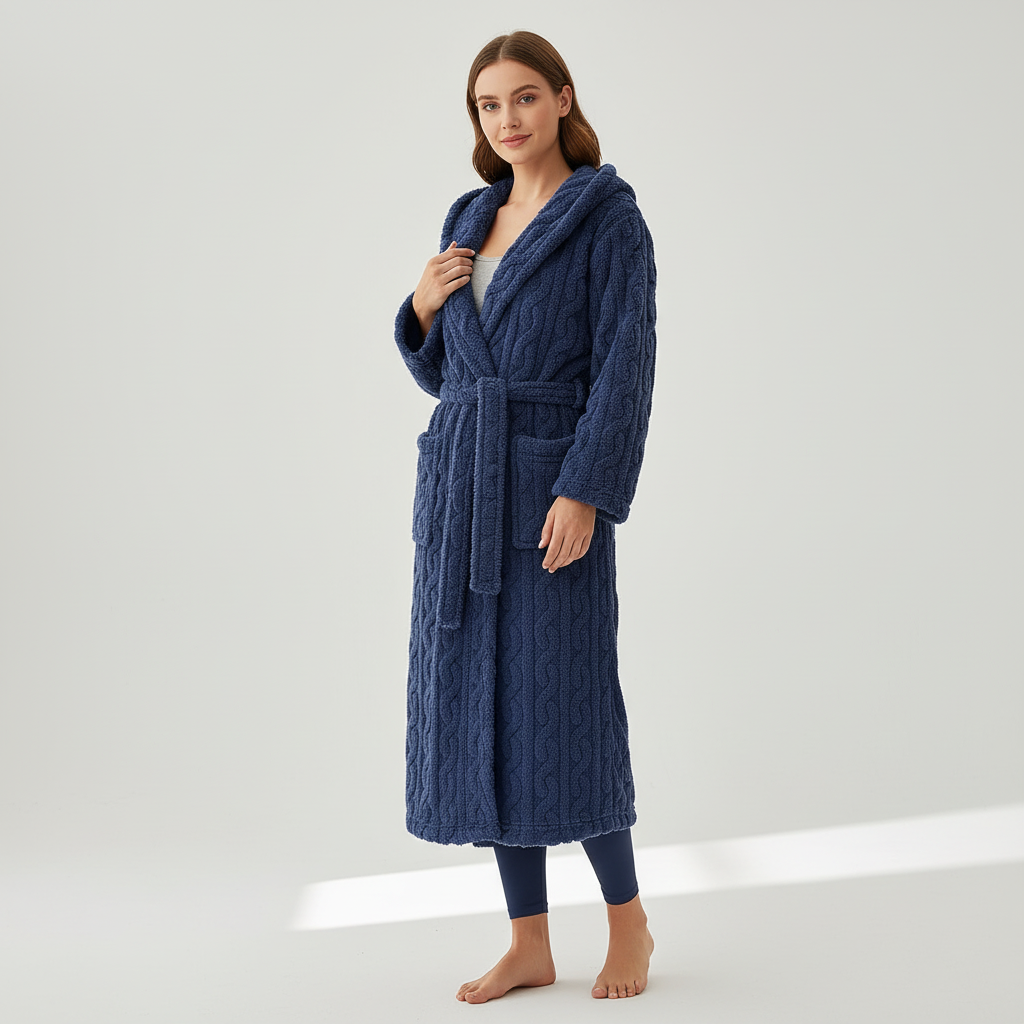Long hooded lounge robe with warm flannel thick insulating layer