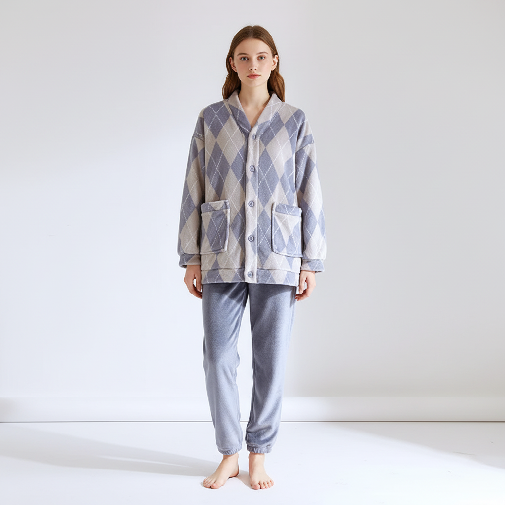 Thick long sleeve pyjama set with plaid pattern, relaxed V-neck fit and front pockets
