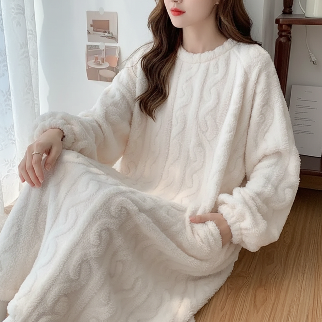 Long sleeve warm nightgown with relaxed fit and front pockets