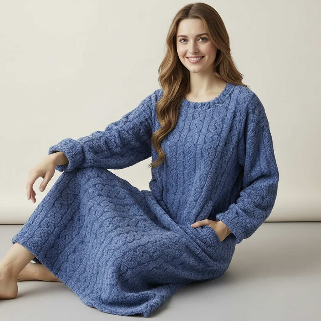 Long sleeve warm nightgown with relaxed fit and front pockets