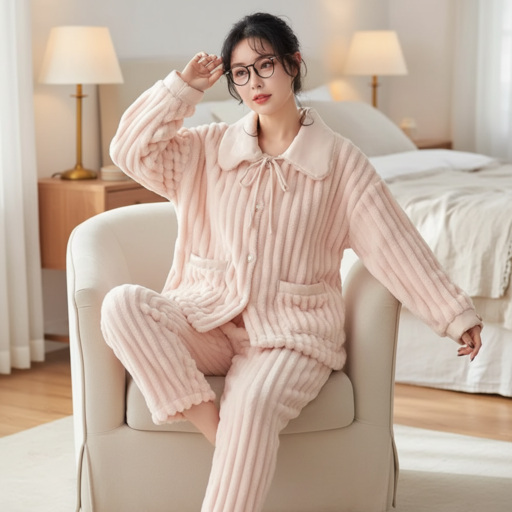 Thick plush thermal pyjama set with ankle-length pants and button front