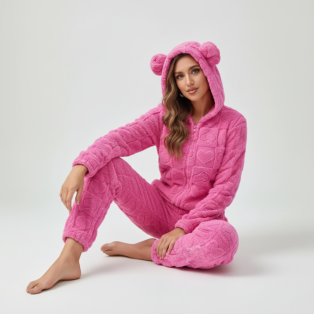 Hooded full body onesie with thick insulation and soft textured finish