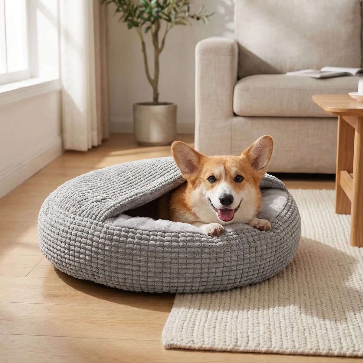 Round hooded donut pet bed with non-slip base and fluffy lining
