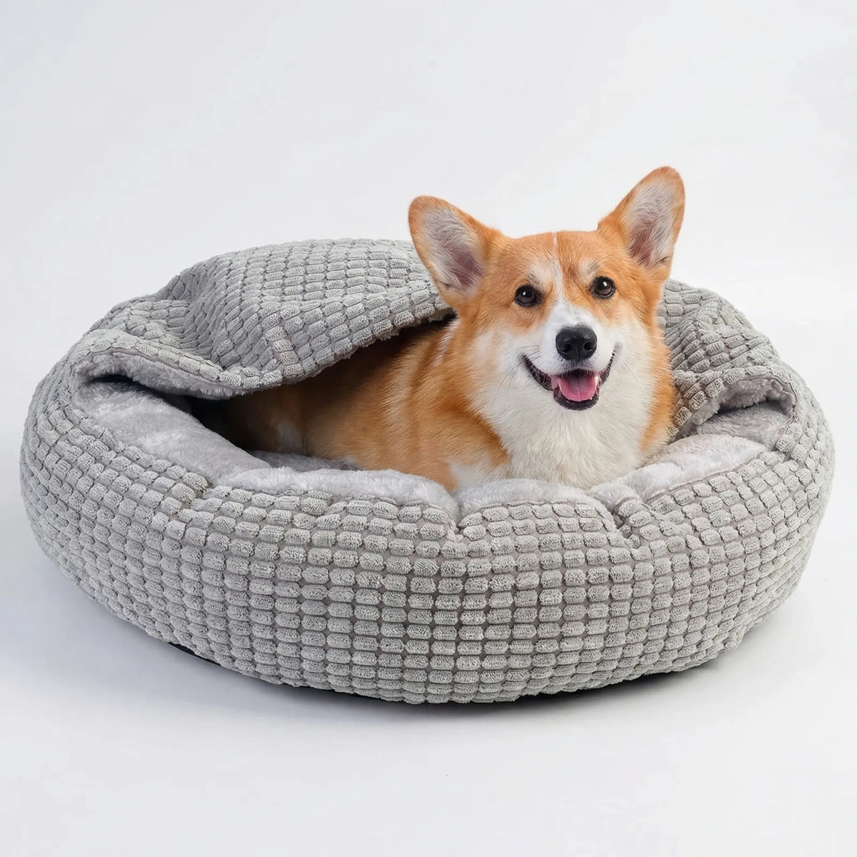 Round hooded donut pet bed with non-slip base and fluffy lining