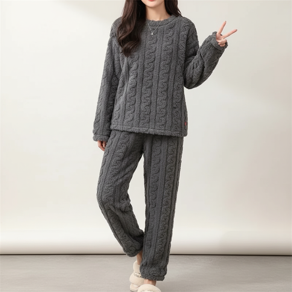Women's warm plush pyjama set with soft textured finish and ankle-length pants