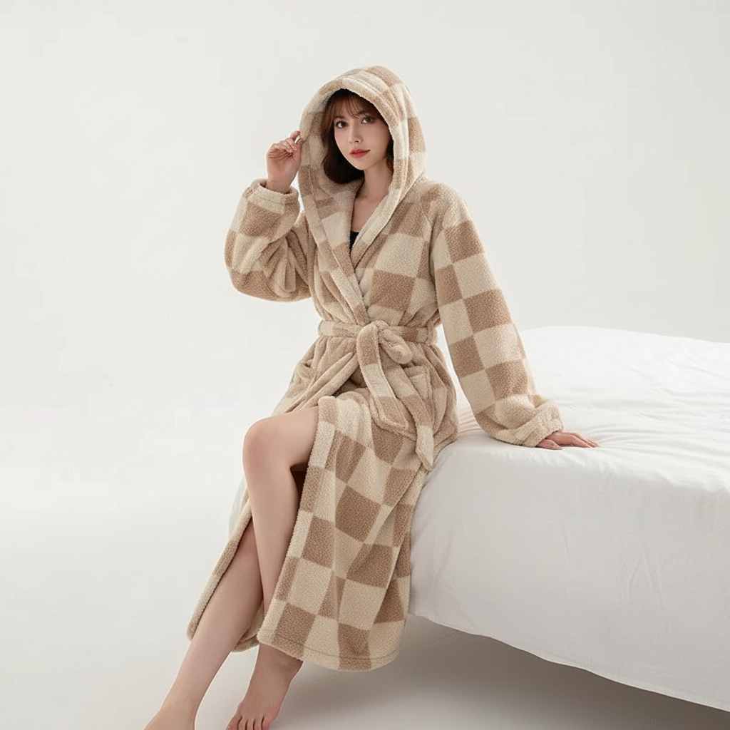 Long plush hooded robe with matching hat for winter warmth