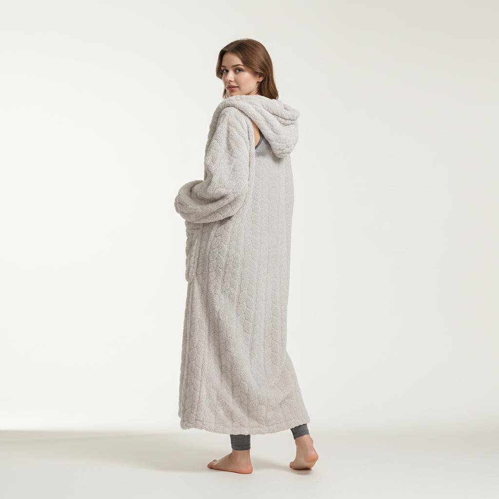 Hooded lounge gown with plush fleece fabric and front pockets