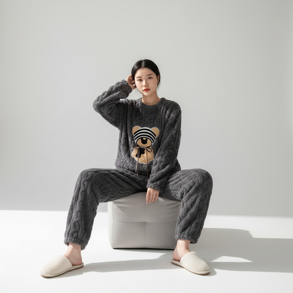 Thick plush sleepwear set with long sleeves and warm lining