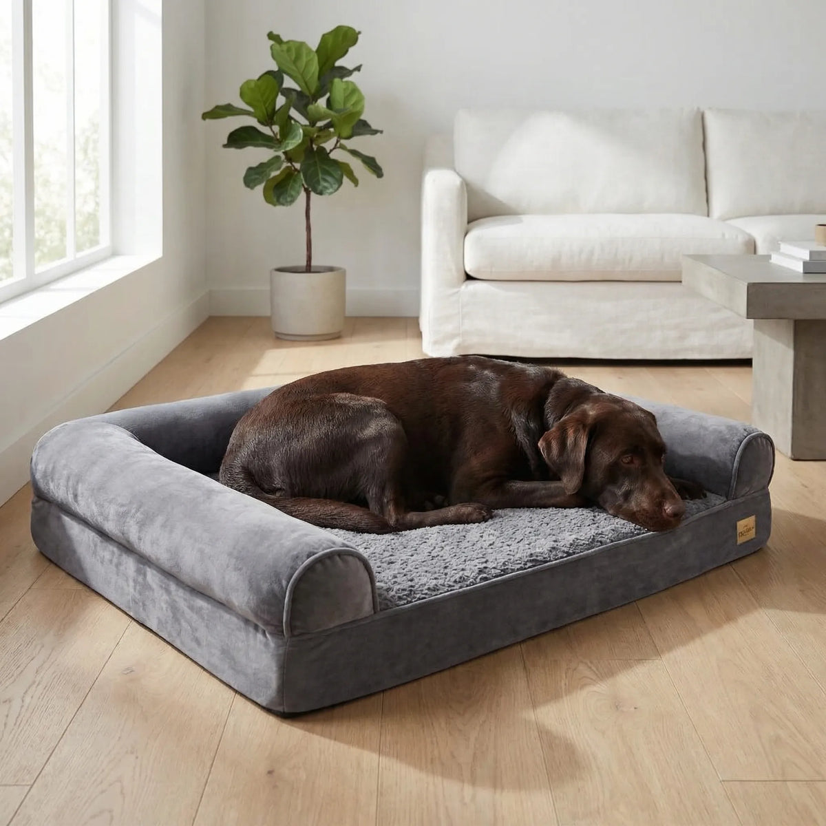 Extra large orthopedic dog bed couch-style with soft foam cushion grey