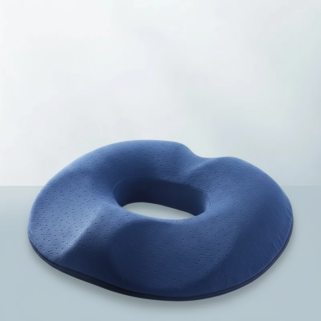 Ergonomic seat cushion with contoured tailbone relief and breathable cover