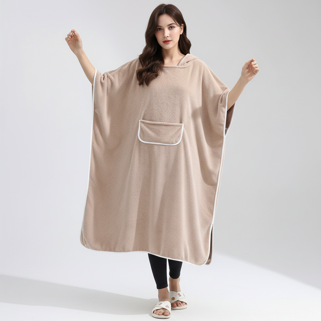 Wearable bath towel robe ultra soft plush with hood and front pocket