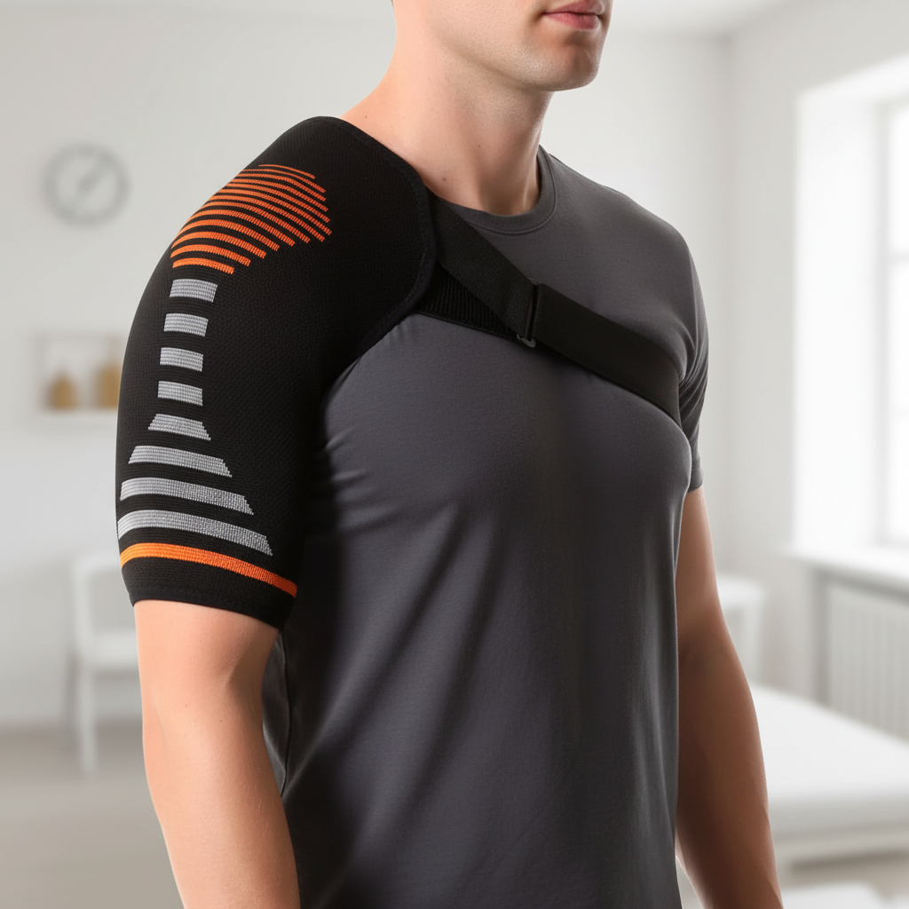 Compression shoulder support with adjustable stabilising strap breathable