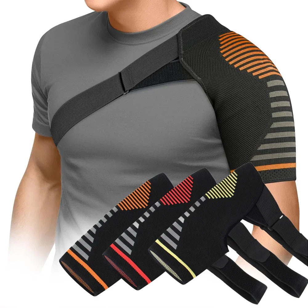 Compression shoulder support with adjustable stabilising strap breathable
