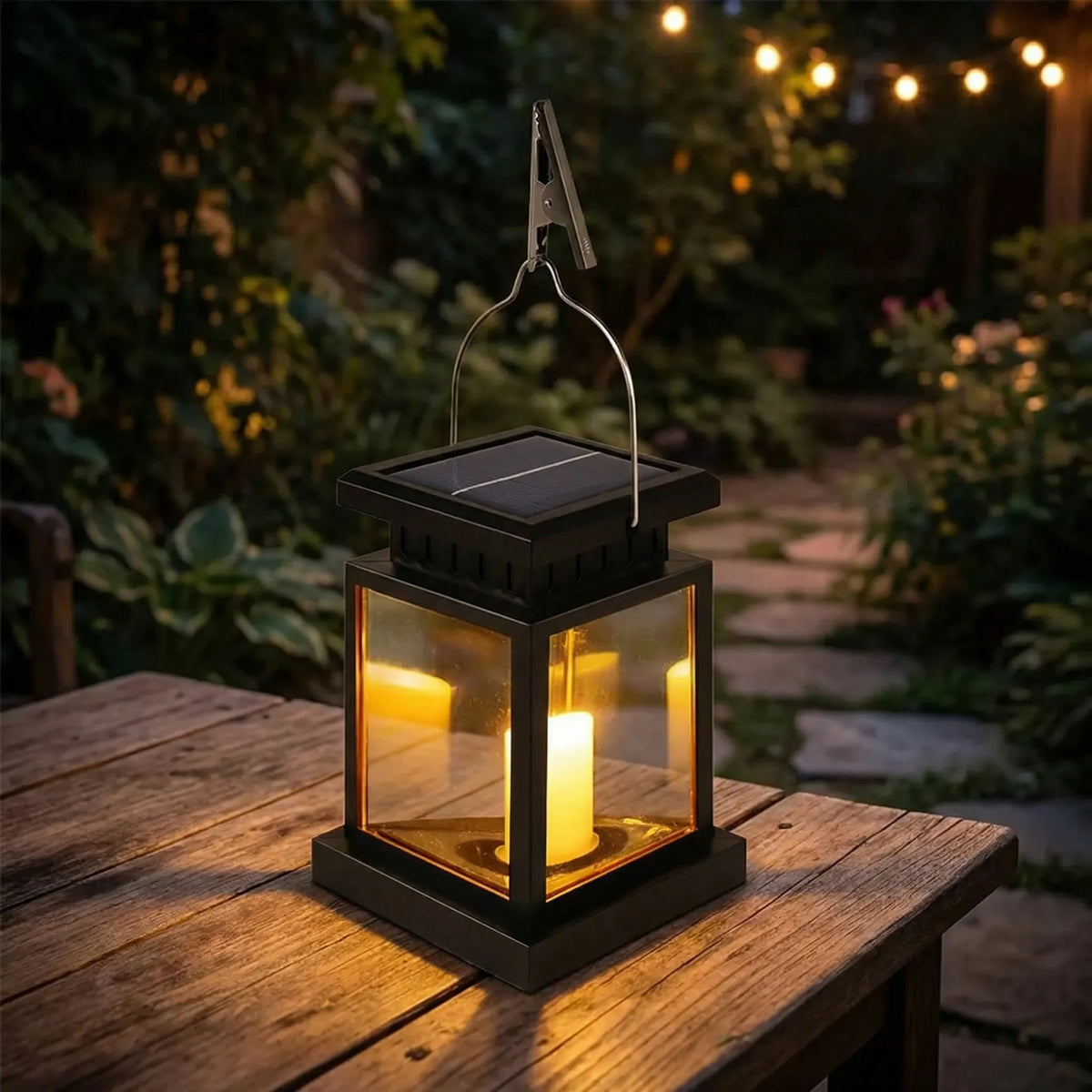 Solar-powered garden lantern with warm candle-effect glow and weatherproof design