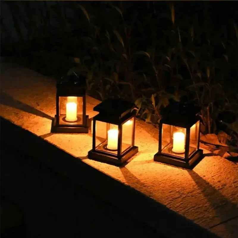 Solar-powered garden lantern with warm candle-effect glow and weatherproof design