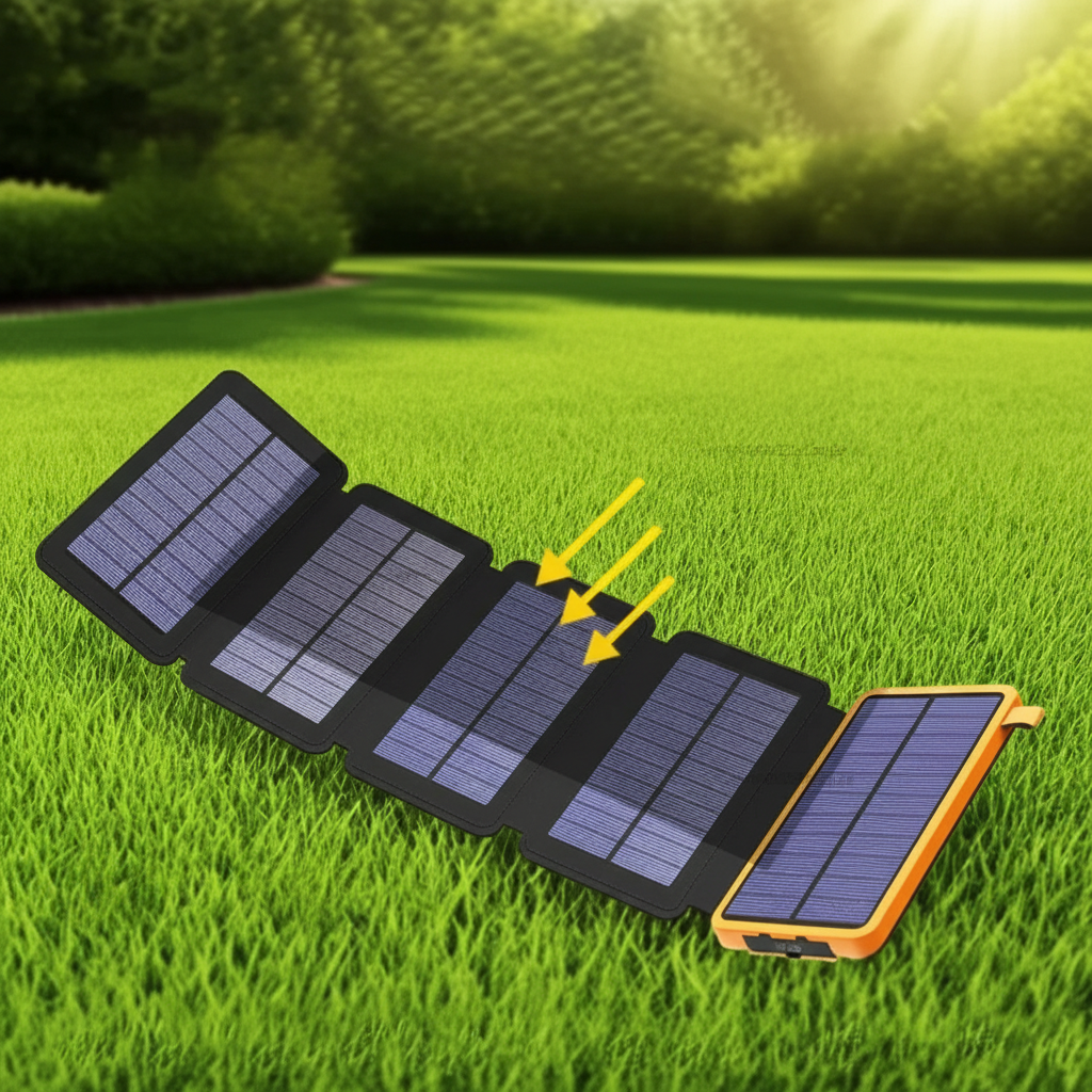 Portable solar powerbank with foldable panels and wireless charging