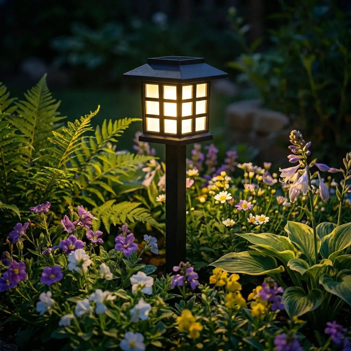 Solar-powered pathway lantern with warm amber glow and pagoda-style design