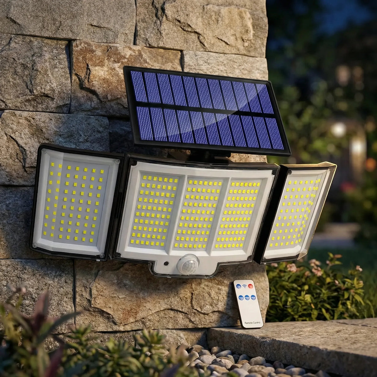 Solar outdoor wall light with 348 LEDs, motion sensor and 3 adjustable panels