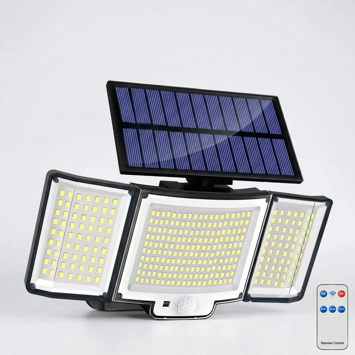 Solar outdoor wall light with 348 LEDs, motion sensor and 3 adjustable panels
