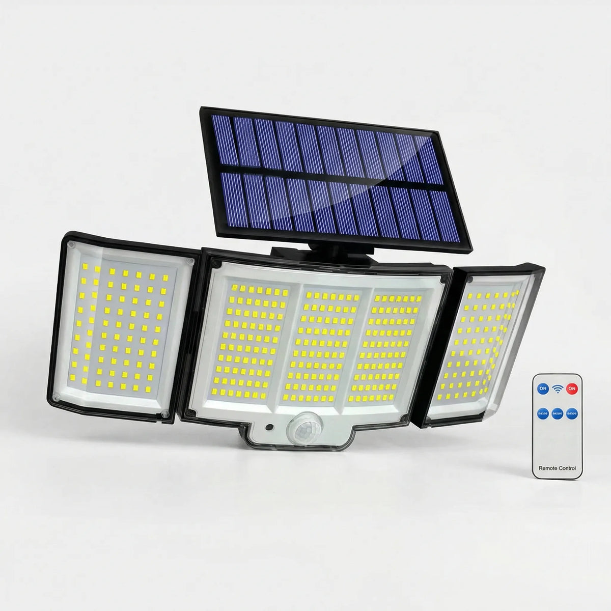 Solar outdoor wall light with 348 LEDs, motion sensor and 3 adjustable panels