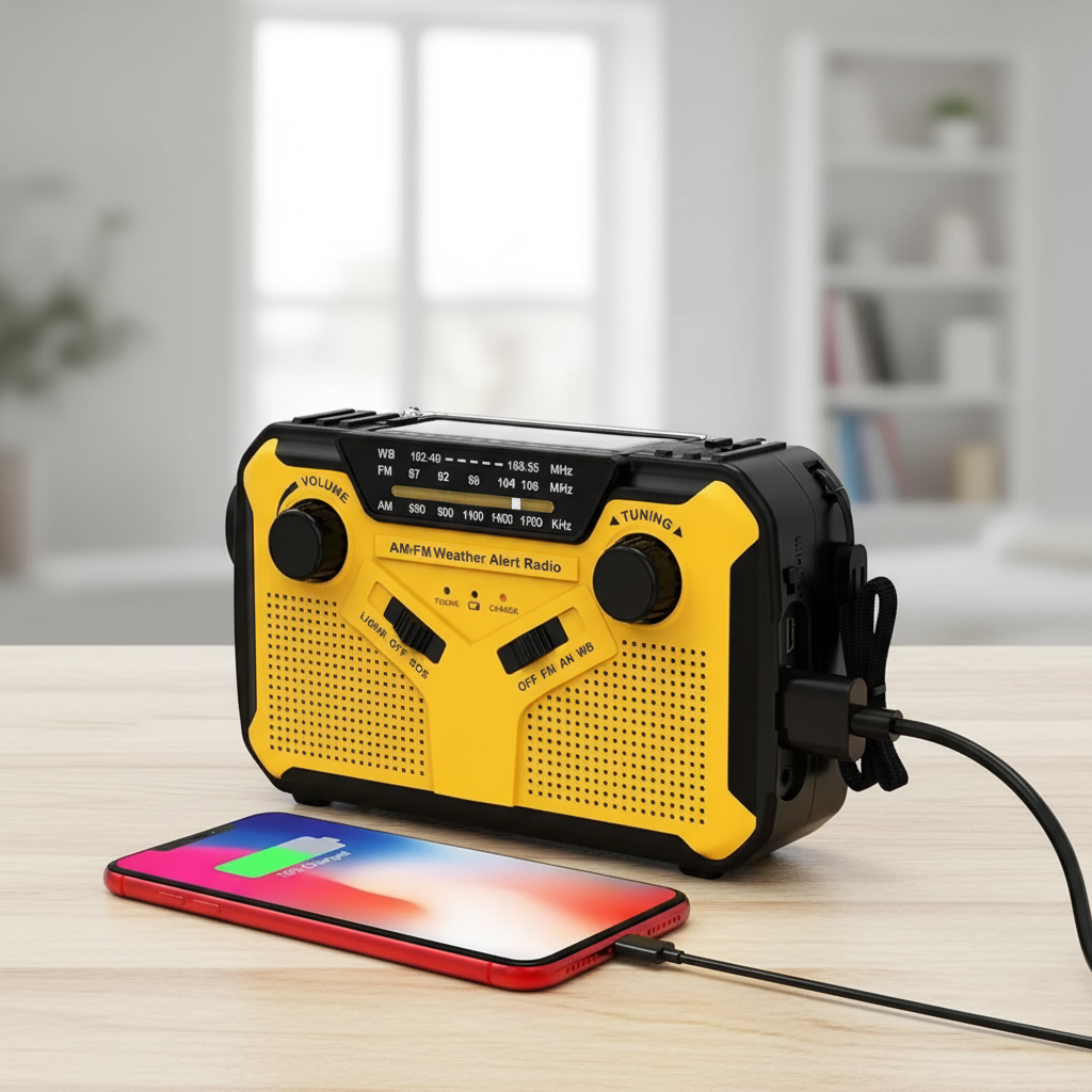 Portable emergency radio with solar panel, hand crank and built-in flashlight
