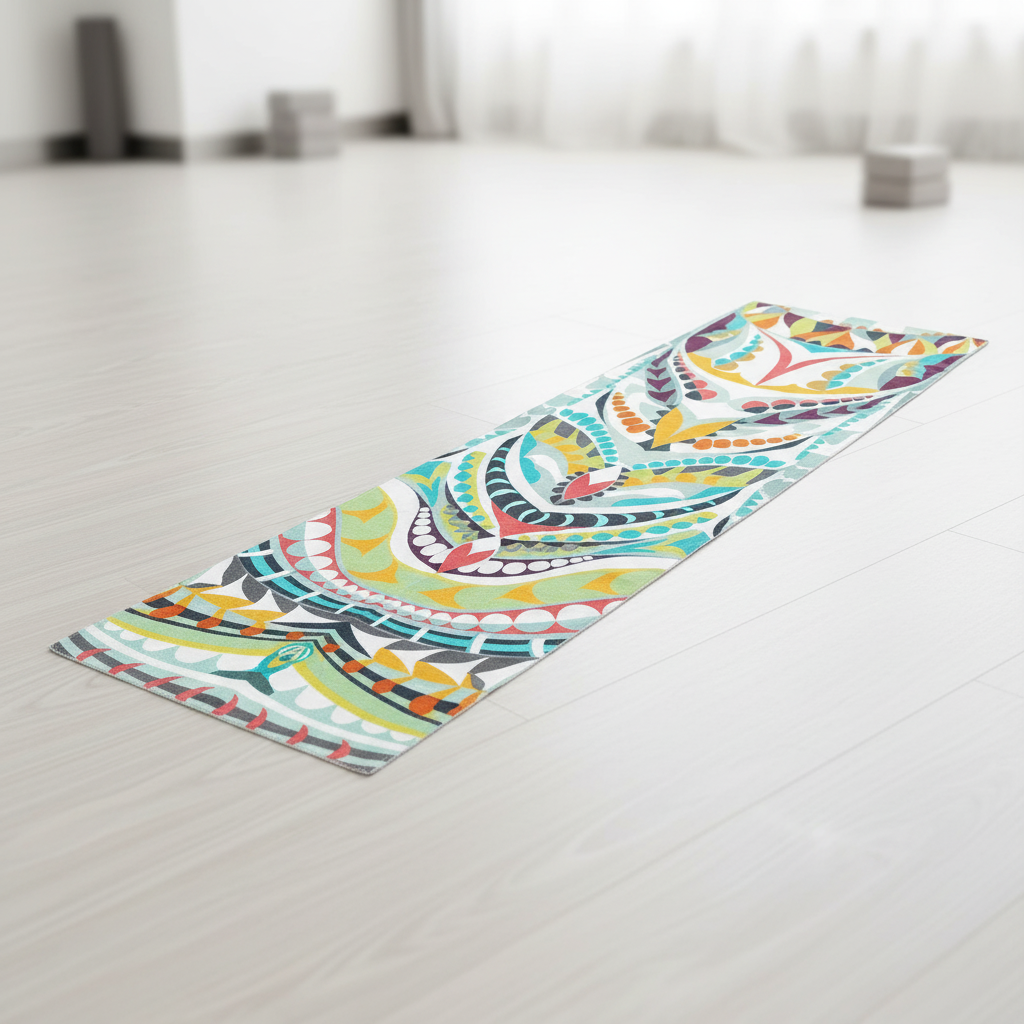 Printed yoga towel runner with non-slip backing and quick-dry surface