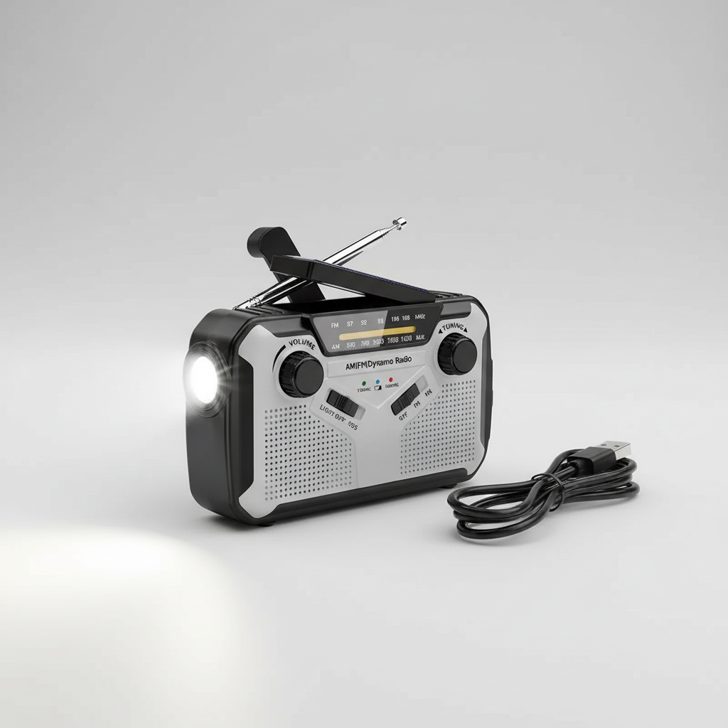 Hand crank emergency radio with solar charging and LED torch