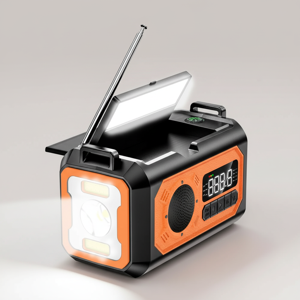 Portable emergency radio with solar panels, flashlight and weather alerts