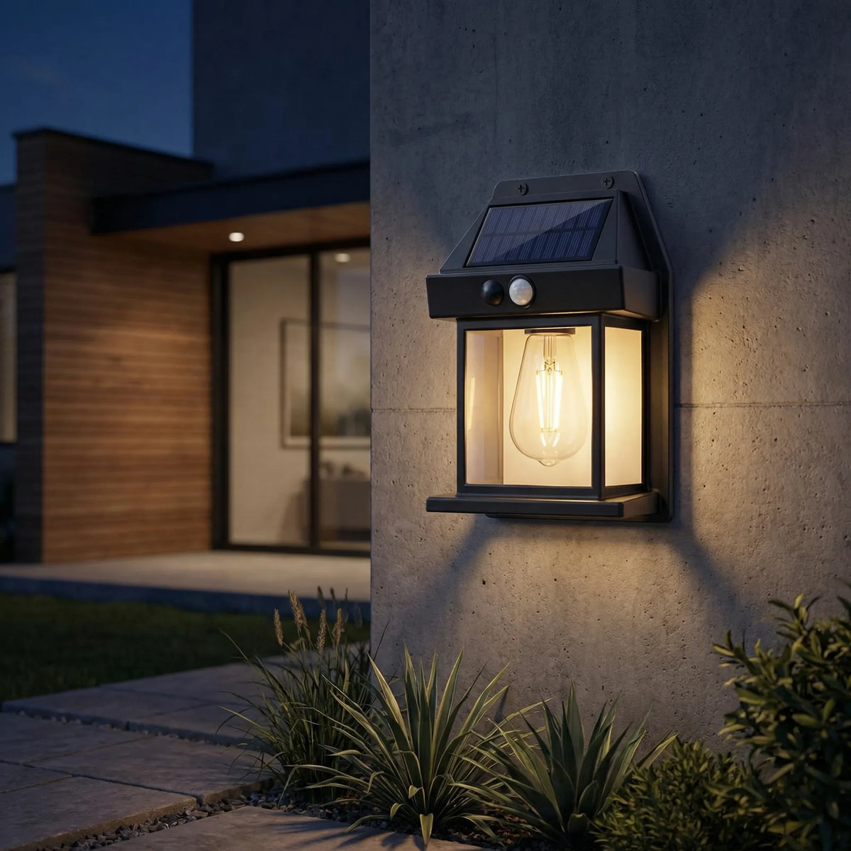 Solar-powered LED wall light with automatic dusk-to-dawn sensor