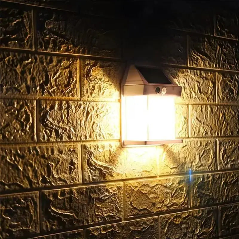 Solar wall lantern with motion sensor and warm LED glow
