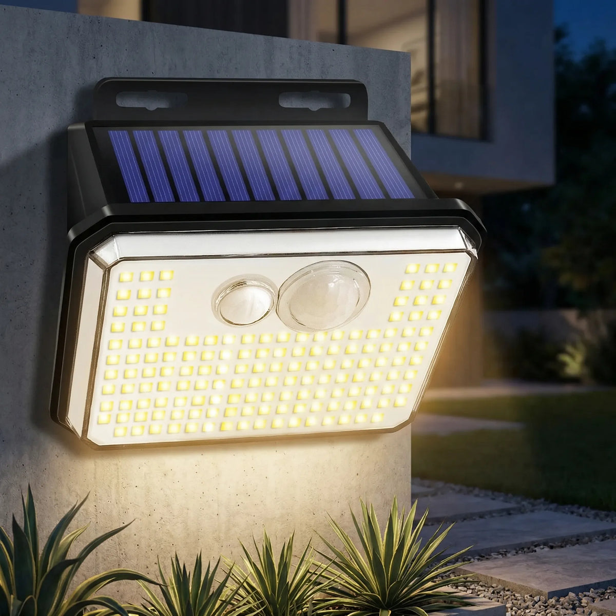 Solar-powered outdoor wall security light with 148 LEDs and motion sensor