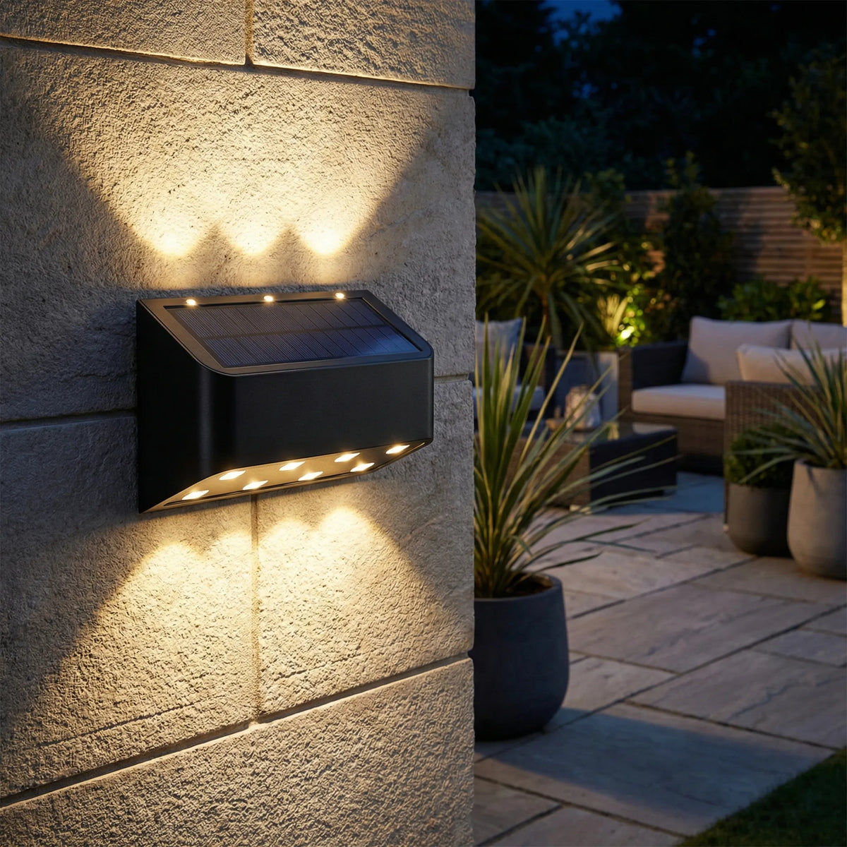 Solar-powered wall light with warm up-and-down dual beam outdoor lighting