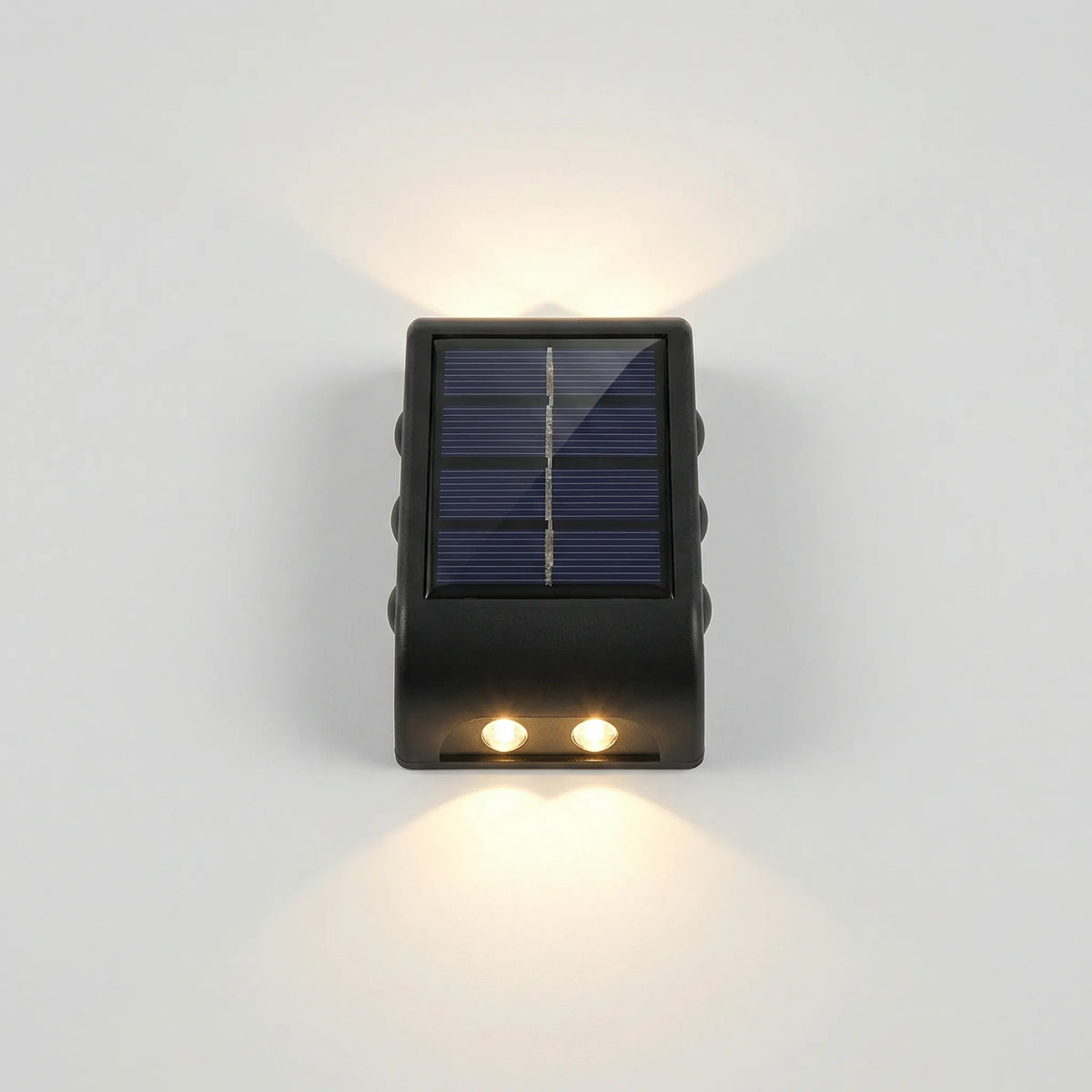 Solar-powered wall light with warm up-and-down dual beam outdoor lighting