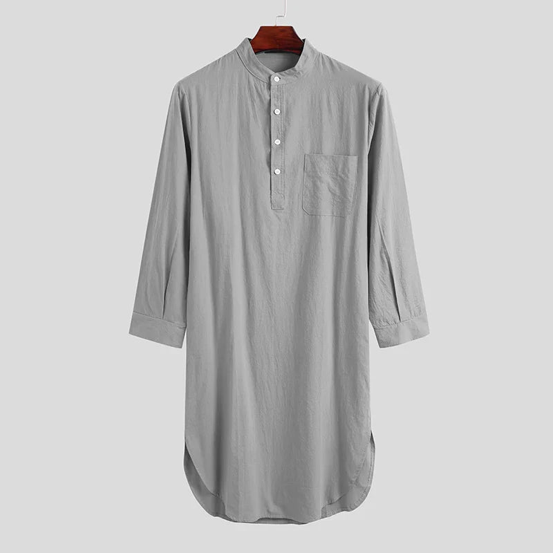 Long sleeve button front nightgown with stand collar and chest pocket