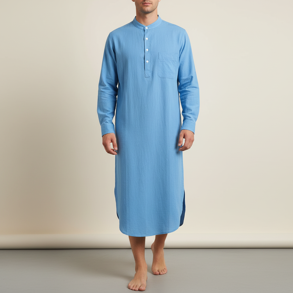 Long sleeve button front nightgown with stand collar and chest pocket
