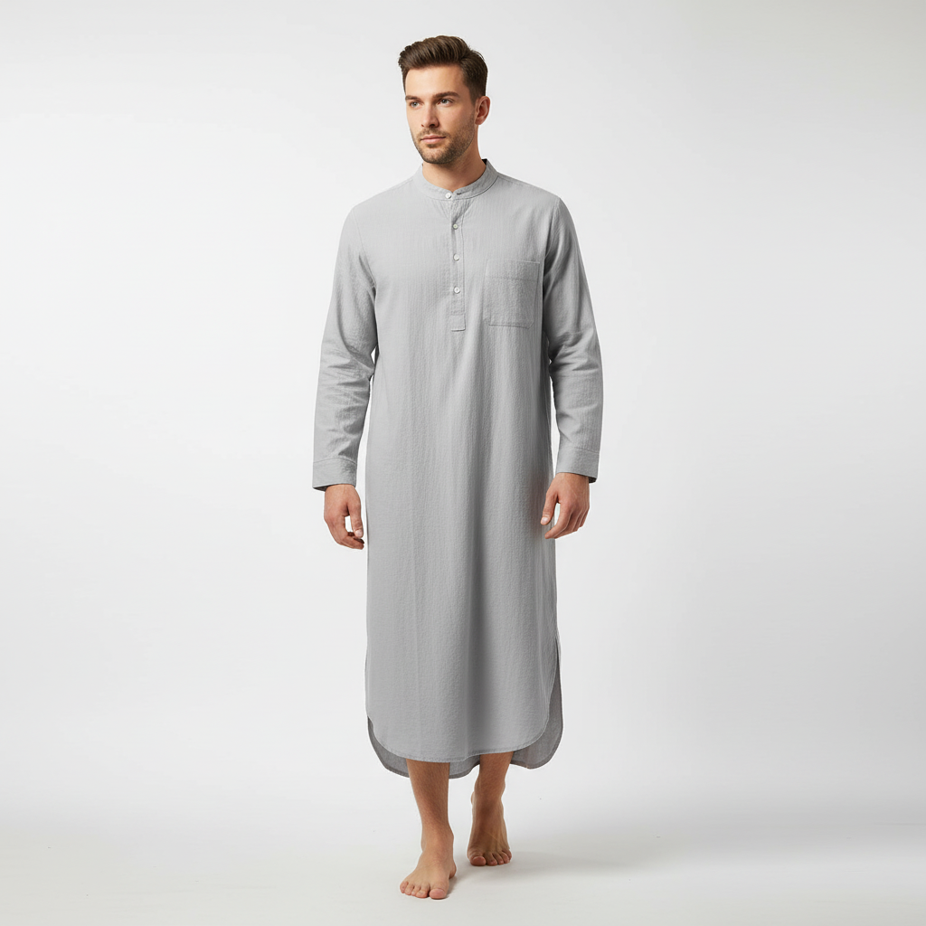 Long sleeve button front nightgown with stand collar and chest pocket