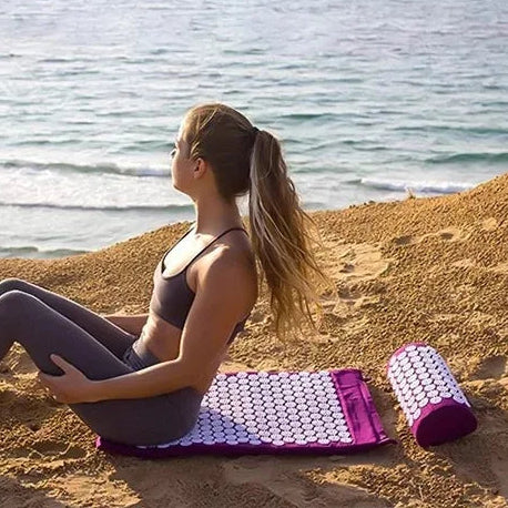 Acupressure spike mat set with non-slip backing and included neck support cushion