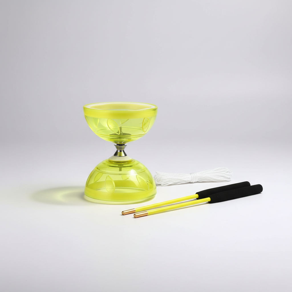 Portable diabolo set with soft rubber cups for balance and coordination training