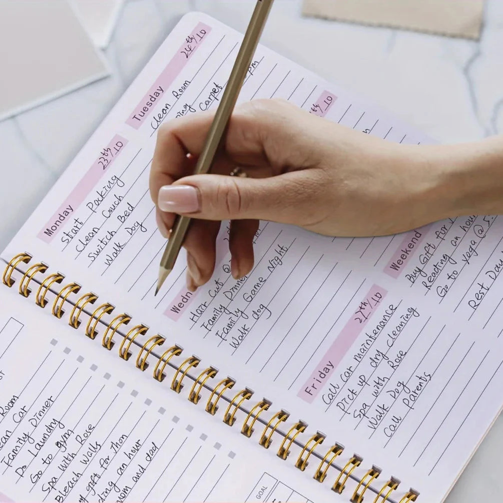 Weekly spiral planner with two-page spreads and habit tracker