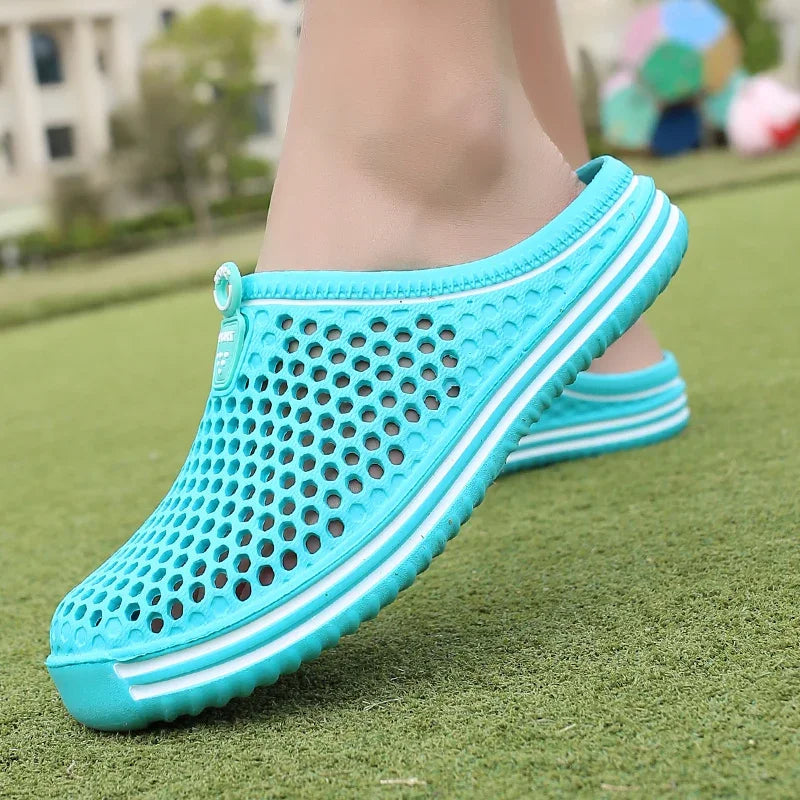Water sandals with hollow-out perforated upper, quick-drying slip-on design