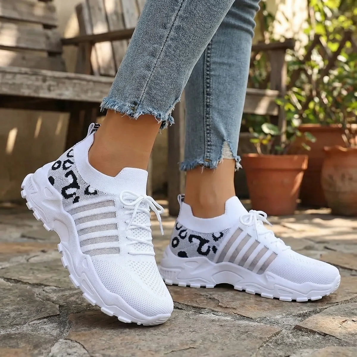 Women's leopard print knit lace-up shoes with breathable upper