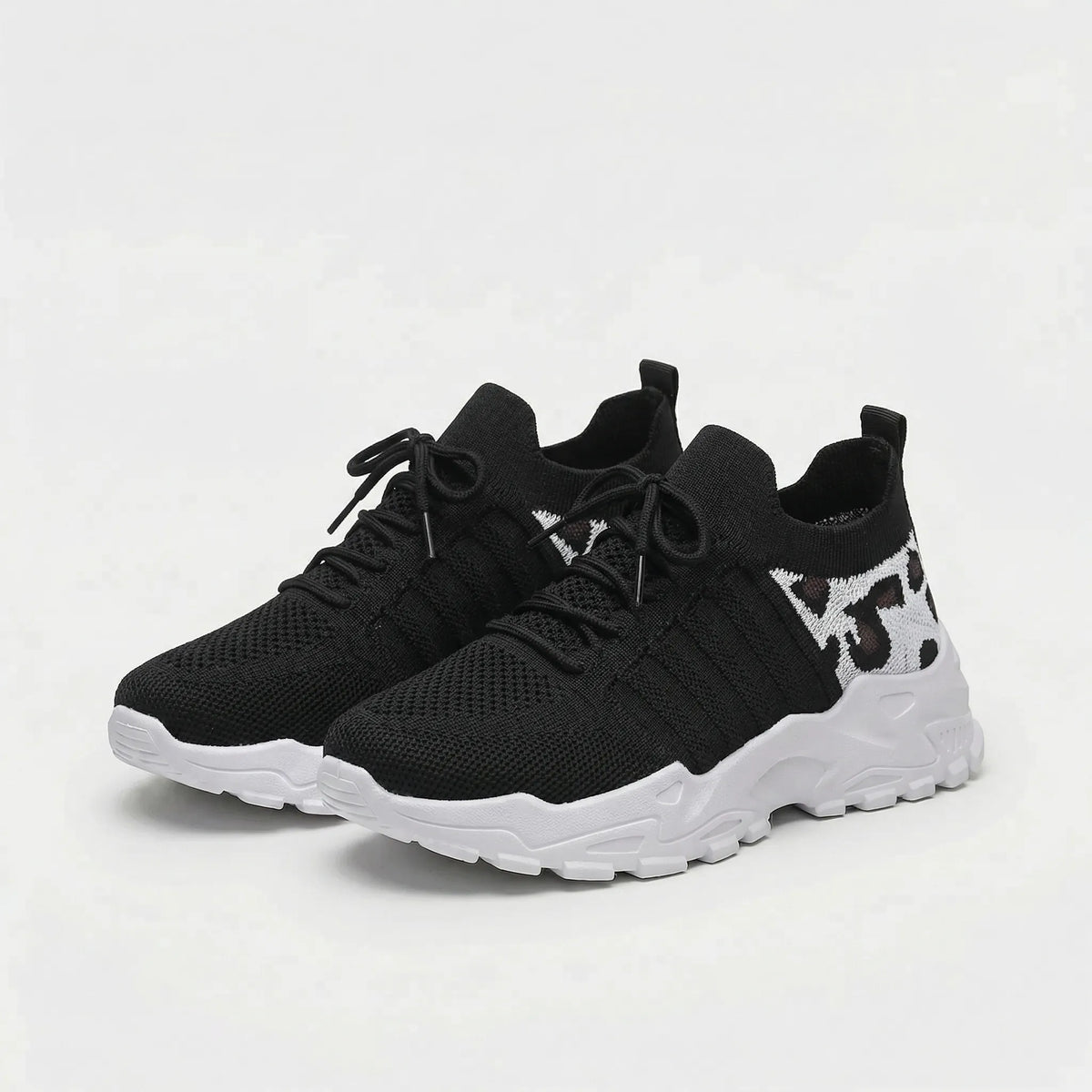 Women's leopard print knit lace-up shoes with breathable upper
