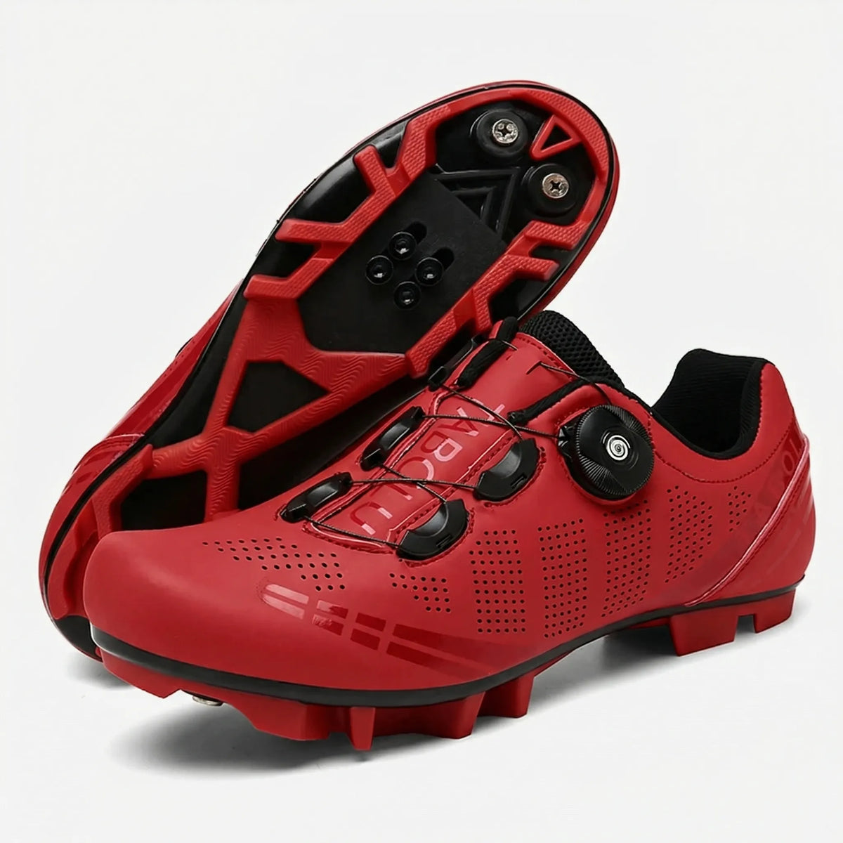 Self-locking cycling shoe with dual rotary dials and perforated breathable upper