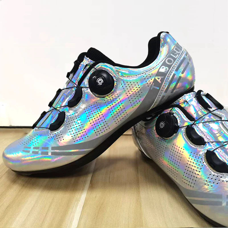Self-locking cycling shoe with dual rotary dials and perforated breathable upper