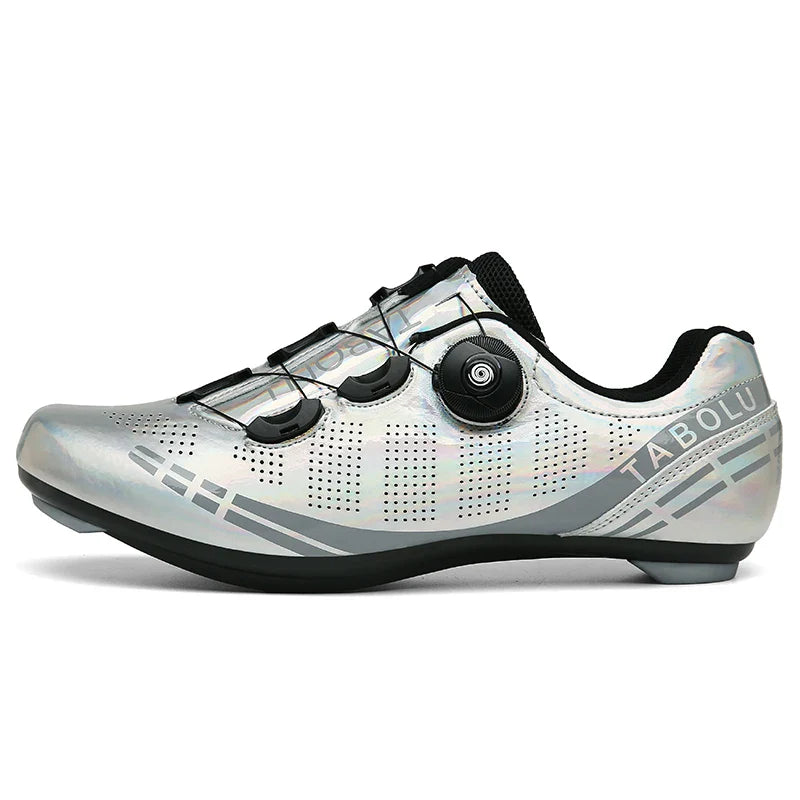 Self-locking cycling shoe with dual rotary dials and perforated breathable upper